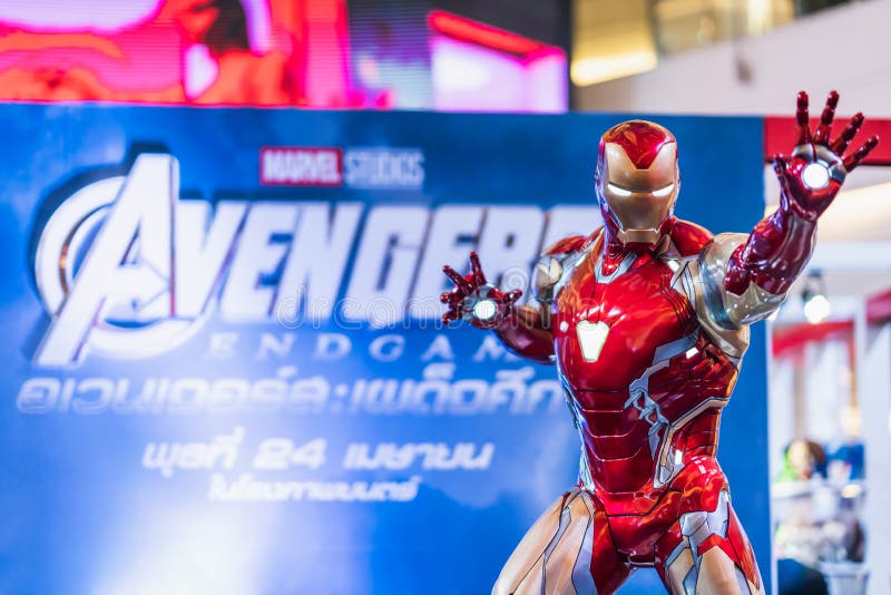 Bangkok Thailand - April 25, 2019: I naturlig storlek Iron Man modellshow i bås för hämnareEndgameutställning royaltyfri fotografi Bangkok Thailand - April 25, 2019: I naturlig storlek Iron Man modellshow i bås för hämnareEndgameutställning royaltyfri fotografi