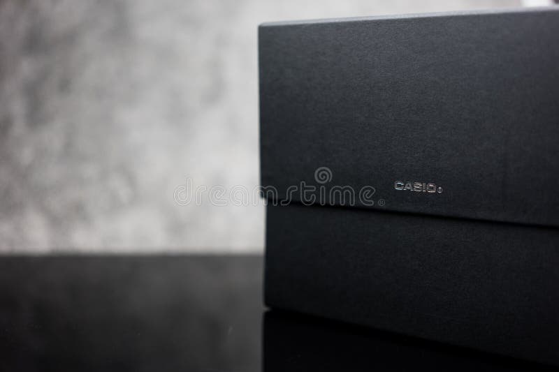 Bangkok, Thailand - February 21, 2024 : A black packaging box of Casio watch from the electronics manufacturer company Casio. Bangkok, Thailand - February 21, 2024 : A black packaging box of Casio watch from the electronics manufacturer company Casio