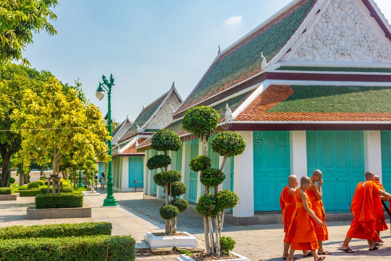 BANGKOK, THAILAND, 12 JANUARY 2020: Monks in Wat Suthat Thepwararam Temple