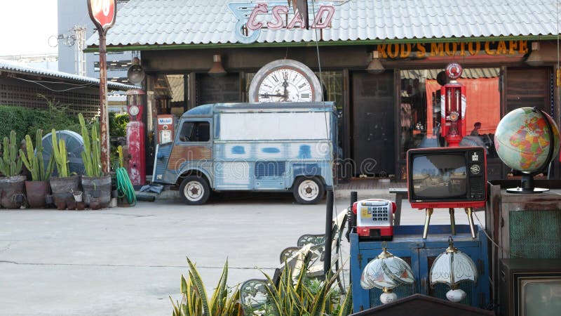 BANGKOK, THAILAND 12 JULY 2019 Rod Fai Talad retro night train market. Popular asian hipster street flea marketplace with old-fashioned vintage styled decor, second hand aged antique goods for sale