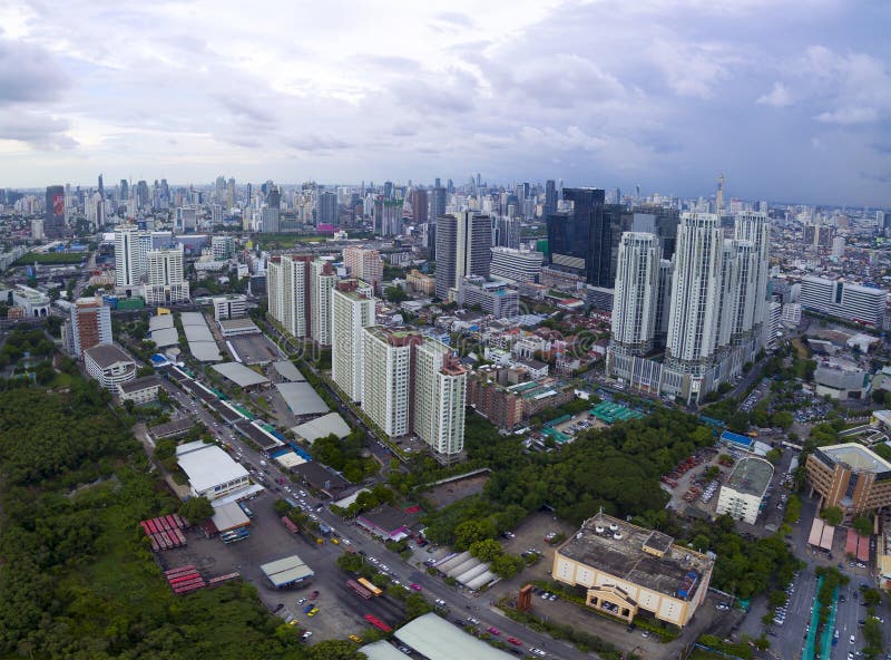 BANGKOK THAILAND - JUNE 7,2017 : aerial view of modern high building at ratchadaphisek road newly business office center in heart of thailand capital