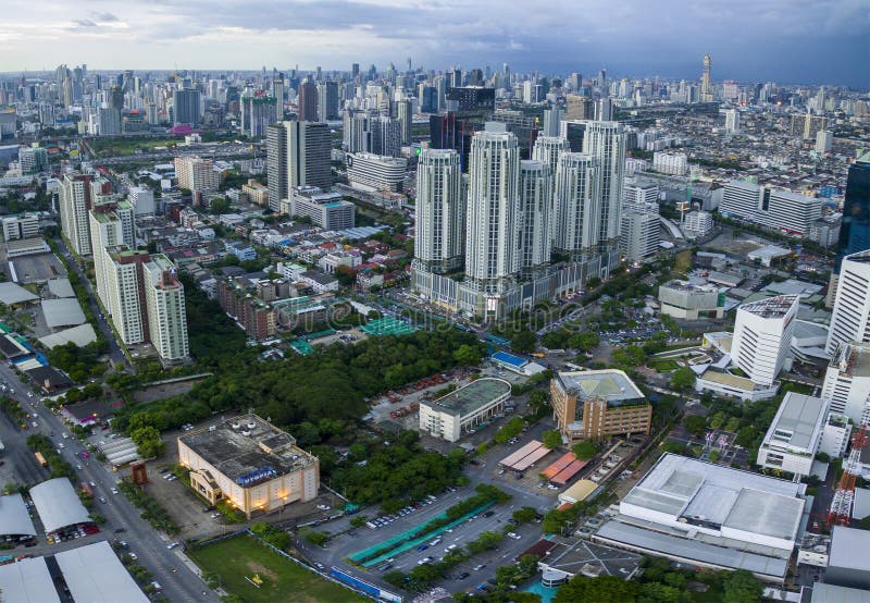 BANGKOK THAILAND - JUNE 8,2017 : aerial view of modern skyscraper at ratchadaphisek road newly business center in thailand capital