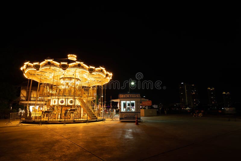 Bangkok, Thailand - June 10, 2019 : Carousel horse in Asiatique The riverfront in night time in Bangkok, Thailand