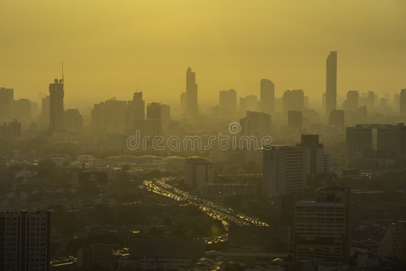 Bangkok, Thailand - 21 June 2018, City view showing dust, air pollution of Thailand at 2.5 microns or less PM 2.5, higher than the