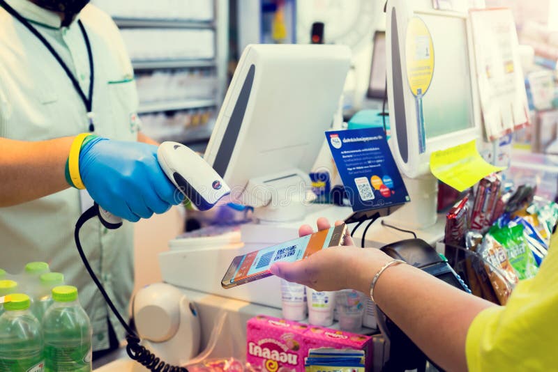 Bangkok, Thailand - May 5, 2020 : Customers shop in supermarket using True mobile wallet