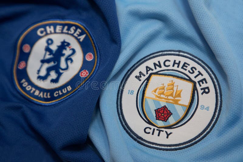 BANGKOK, THAILAND - OCTOBER 23: The Logo of Chelsea and Manchest. Er City on Football Jerseys on October 23 ,2017 in Bangkok Thailand stock images BANGKOK, THAILAND - OCTOBER 23: The Logo of Chelsea and Manchest. Er City on Football Jerseys on October 23 ,2017 in Bangkok Thailand stock images
