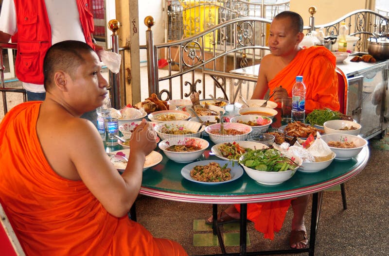 Bangkok, Thailand Two Monks Eating Lunch Editorial Photography Image