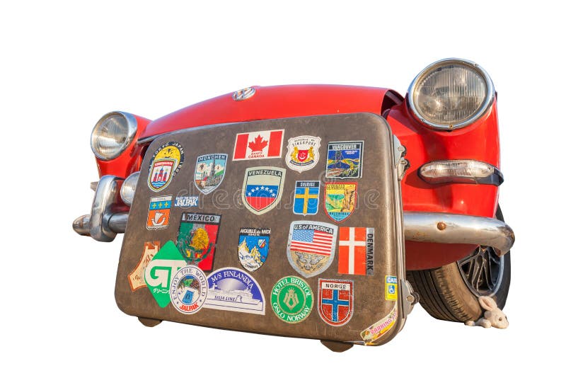 Bangkok, Thailand –February 11, 2017: Retro traveling bag with stock image Bangkok, Thailand –February 11, 2017: Retro traveling bag with stock image