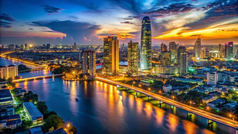 Bangkoks Enchanting Night Sky A Uimitor Panorama of Illuminated Modern Architecture at at Dusk stock illustration
