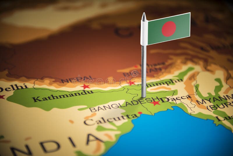 Bangladesh marked with a flag on the map