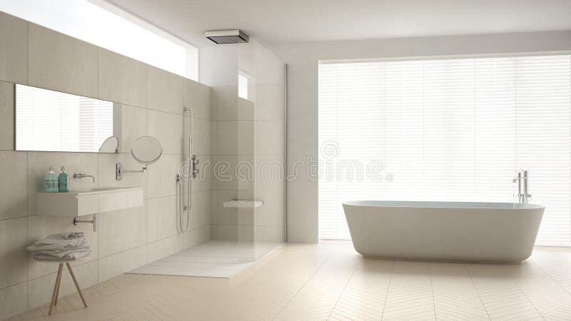 Banheiro minimalista com banheira e chuveiro, assoalho de parquet e m fotos de stock Banheiro minimalista com banheira e chuveiro, assoalho de parquet e m fotos de stock