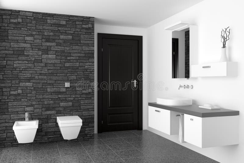 Banheiro moderno com a parede de pedra preta imagem de stock Banheiro moderno com a parede de pedra preta imagem de stock
