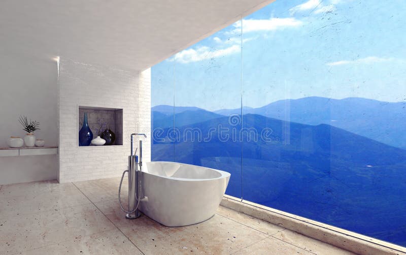 Banheiro moderno luxuoso com uma vista espetacular ilustração stock Banheiro moderno luxuoso com uma vista espetacular ilustração stock