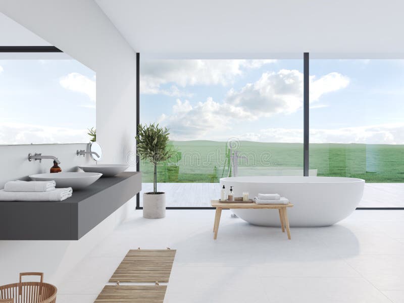 Banheiro moderno novo com uma vista agradável rendição 3d ilustração do vetor Banheiro moderno novo com uma vista agradável rendição 3d ilustração do vetor