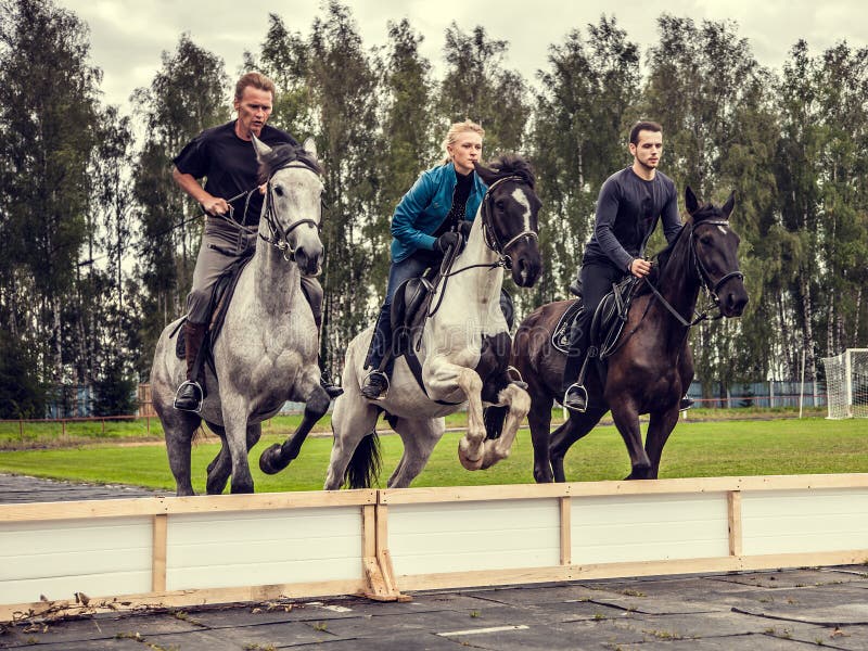 23 08 Banhoppning 2017 för Smolensk regionshow på festivalen Tre ryttare som synkront hoppar på hästrygg över ett hinder royaltyfria bilder 23 08 Banhoppning 2017 för Smolensk regionshow på festivalen Tre ryttare som synkront hoppar på hästrygg över ett hinder royaltyfria bilder