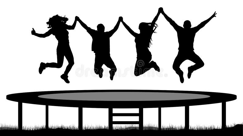 Banhoppningfolket på en trampolinkontur, hoppar gladlynta vänner vektor illustrationer Banhoppningfolket på en trampolinkontur, hoppar gladlynta vänner vektor illustrationer
