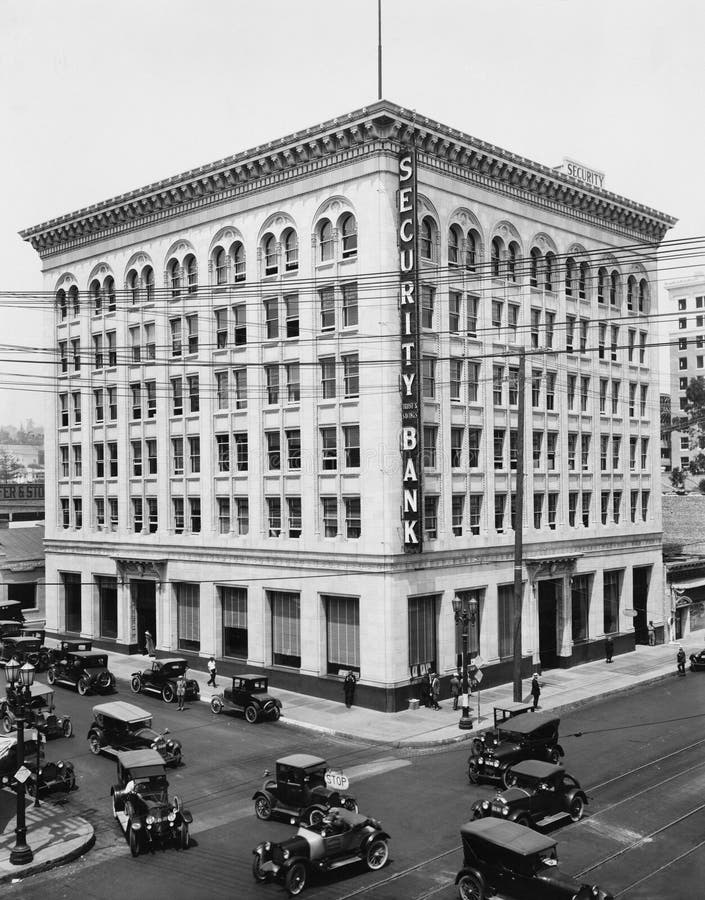Bank on Corner of Busy Intersection Stock Photo Image of building