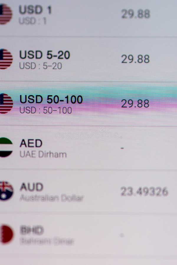 Bank Currency Exchange Rate Table on Computer Screen Stock Image