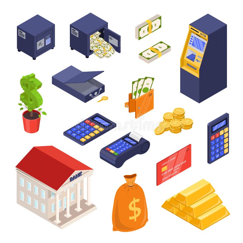 Bank en betalings isometrische pictogrammen Geld, financiën, bankwezen, investerings en handels vectorillustratie