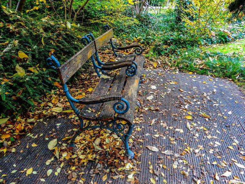Bank in het park met partij van de herfstbladeren stock foto Bank in het park met partij van de herfstbladeren stock foto