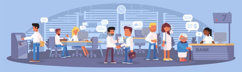 Bank interior panorama flat color design. Vector illustration. royalty free illustration Bank interior panorama flat color design. Vector illustration. royalty free illustration