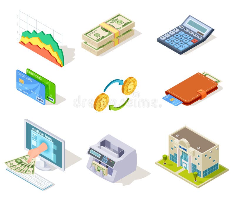 Bank isometrische pictogrammen Internet-bankwezen, geld en checkbook, leningen en contant geldmunt, creditcard bedrijfsfinanciën