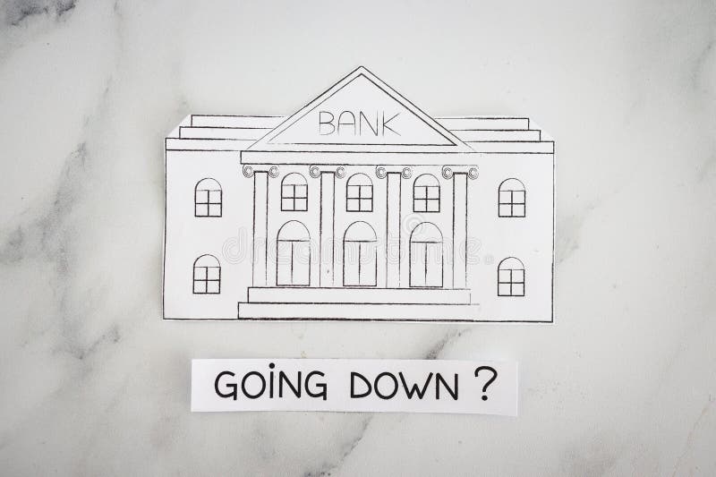 Insolvency and banks closing down concept, bank made of paper with Going Down ? caption underneat stock image Insolvency and banks closing down concept, bank made of paper with Going Down ? caption underneat stock image