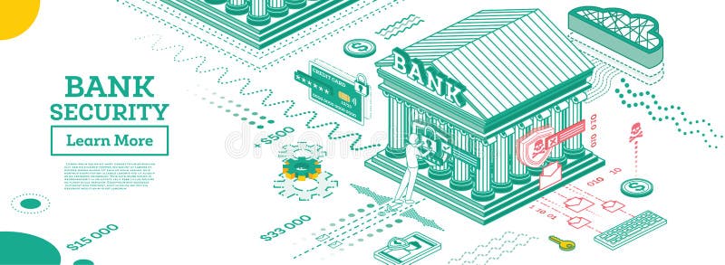 Bank Security. Safe Payment. Outline Bank Building in Isometric Style. Hacker Attack stock illustration