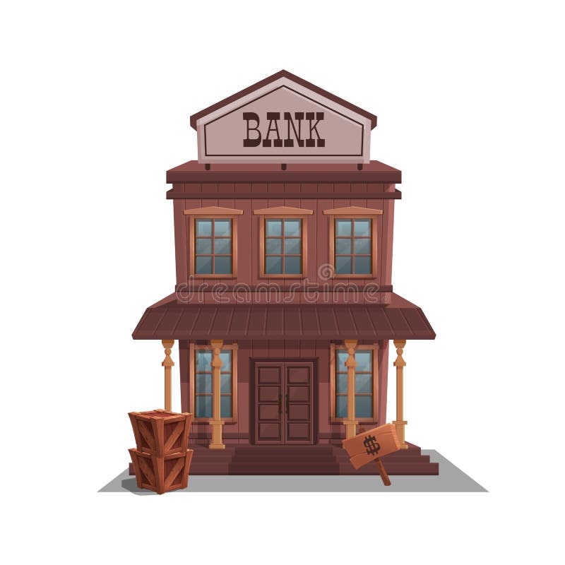 Bank for western town for game level and background isolated on white background. Building design - wild west. stock illustration