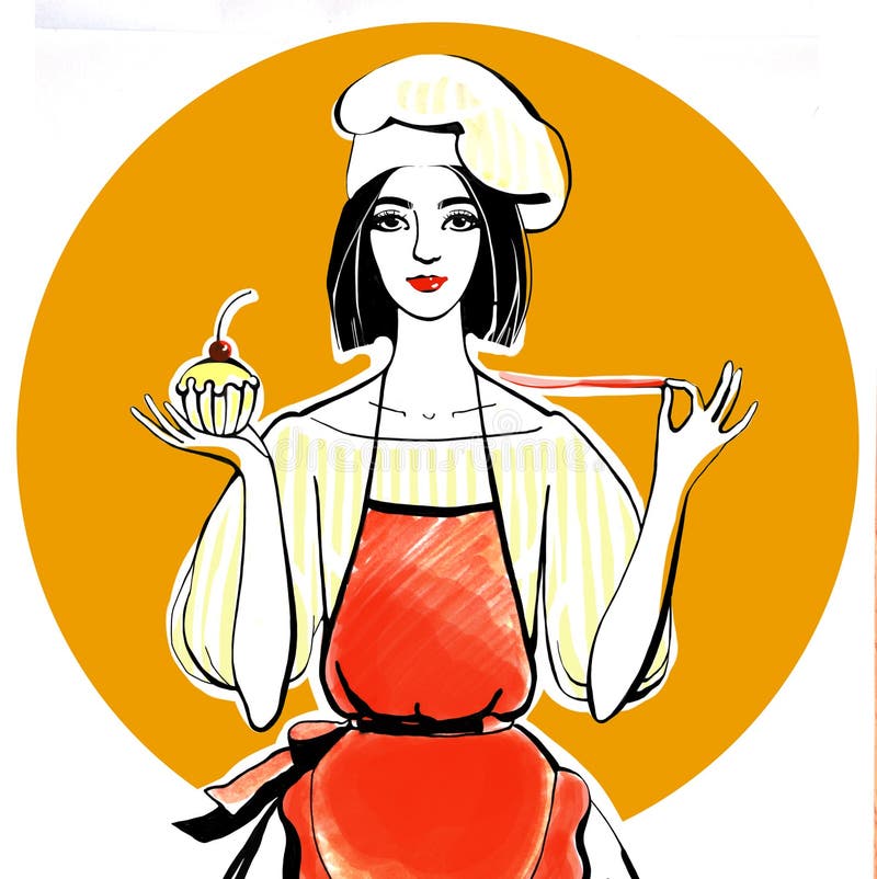 Banketbakkersmeisje in chef-kokhoed en rode schort met in hand cupcake royalty-vrije illustratie Banketbakkersmeisje in chef-kokhoed en rode schort met in hand cupcake royalty-vrije illustratie