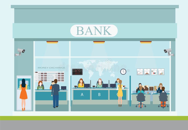 Bank building exterior and bank interior, counter desk, cashier, consulting, presenting, currency exchange, financial services ,Banking concept vector illustration. Bank building exterior and bank interior, counter desk, cashier, consulting, presenting, currency exchange, financial services ,Banking concept vector illustration.