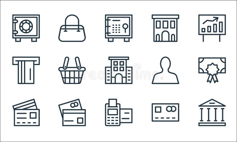 Banking and finance line icons. linear set. quality vector line set such as bank, pos terminal, cit card, cit card, cit card, atm stock illustration