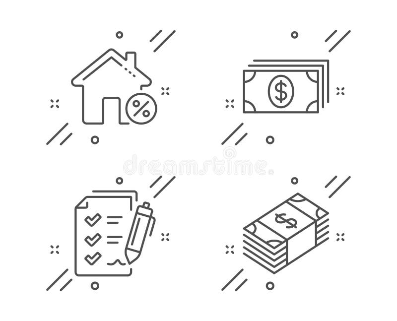 Banking, Loan house and Survey checklist icons set. Usd currency sign. Money payment, Discount percent, Report. Vector