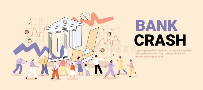Bankkrasch-finanskris-personer som flyr från fallande byggkartor paniksamlingar med abstrakt bakomliggande webbplatsbanderoll royaltyfri illustrationer