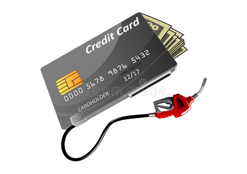 Bank credit card with money bills and red gas nozzle isolated on white background, for oil industry or business concept theme design. Bank credit card with money bills and red gas nozzle isolated on white background, for oil industry or business concept theme design