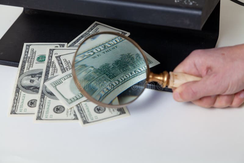 Banknote Verification with Magnifier Stock Image Image of closeup