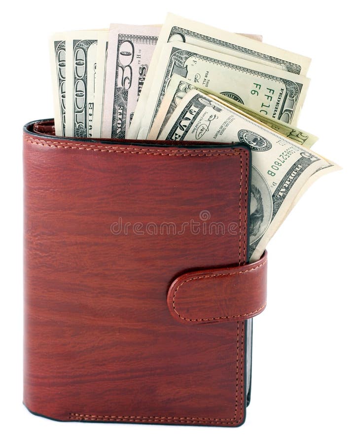 Banknotes dollars in leather brown purse isolated on white. Banknotes dollars in leather brown purse isolated on white