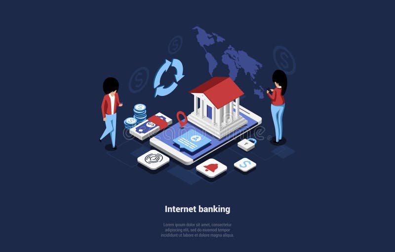 Bankowość internetowa — ilustracja wektora koncepcyjnego w stylu rysunkowym 3d. skład izometryczny dużego smartfona z bankiem ilustracji
