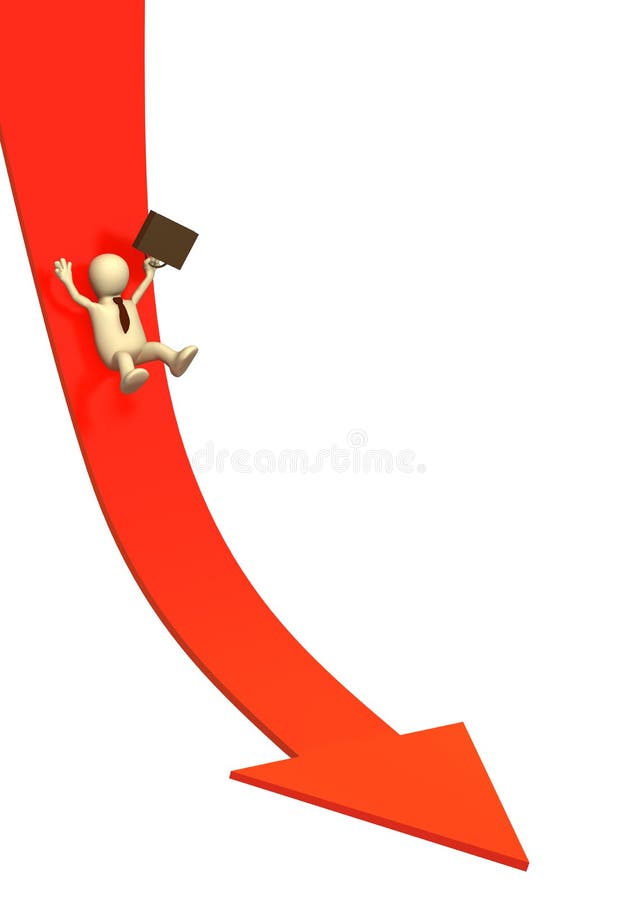 3d businessman - puppet, sliding downwards on an arrow. 3d businessman - puppet, sliding downwards on an arrow