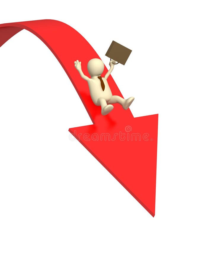 3d businessman - puppet, sliding downwards on an arrow. 3d businessman - puppet, sliding downwards on an arrow