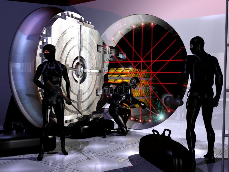 Several black leather dressed persons have just opened the big safe of a bank, filled with golden ingots. One of the characters tries to disable the laser rays which protect the definitive access to the safe, while the others watch premises, one of them, a woman, armed with an automatic gun. Several black leather dressed persons have just opened the big safe of a bank, filled with golden ingots. One of the characters tries to disable the laser rays which protect the definitive access to the safe, while the others watch premises, one of them, a woman, armed with an automatic gun.