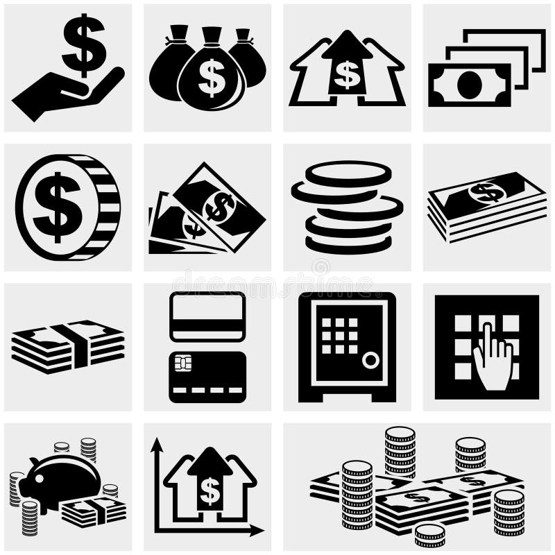 Bankwezen, geld en muntstuk vector geplaatste pictogrammen.
