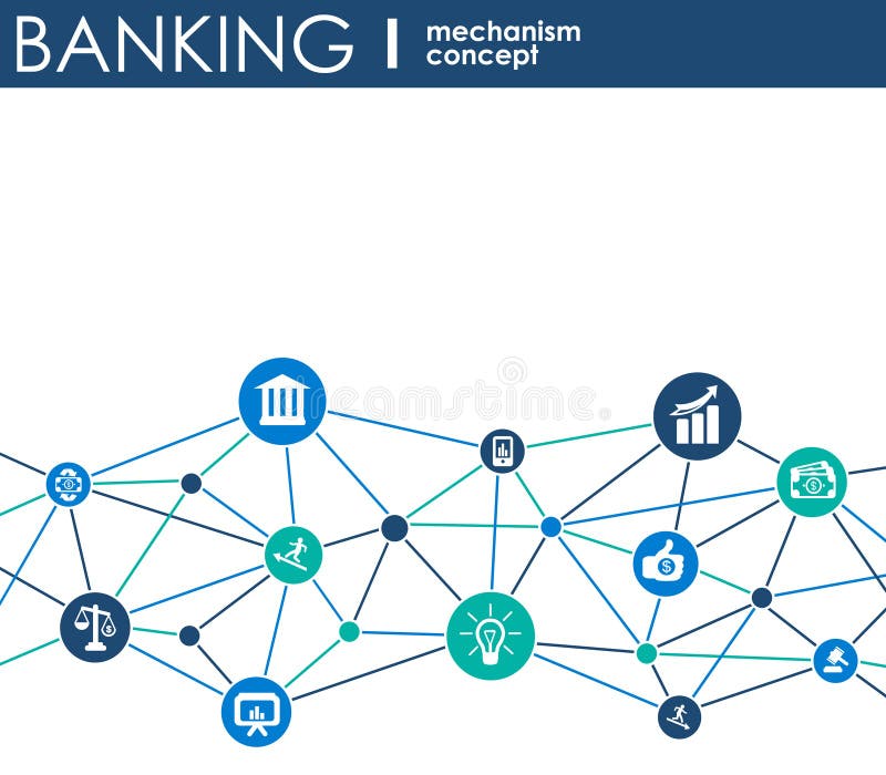 Bankwezenmechanisme Abstracte achtergrond met verbonden toestellen en geïntegreerde vlakke pictogrammen symbolen voor geld, kaart vector illustratie Bankwezenmechanisme Abstracte achtergrond met verbonden toestellen en geïntegreerde vlakke pictogrammen symbolen voor geld, kaart vector illustratie