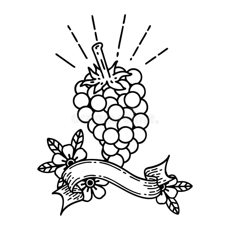 banner with black line work tattoo style bunch of grapes