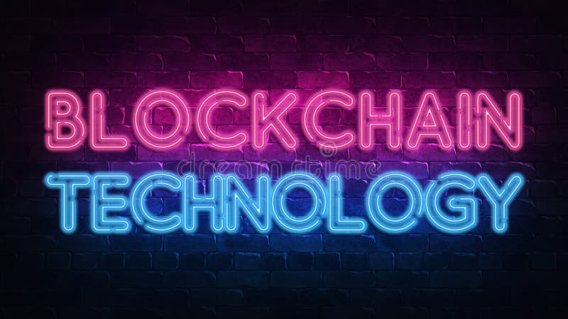 Banner with blockchain neon signboard. Digital technology concept. Bitcoin cryptocurrency. Decoration element. Modern line style. stock photos Banner with blockchain neon signboard. Digital technology concept. Bitcoin cryptocurrency. Decoration element. Modern line style. stock photos