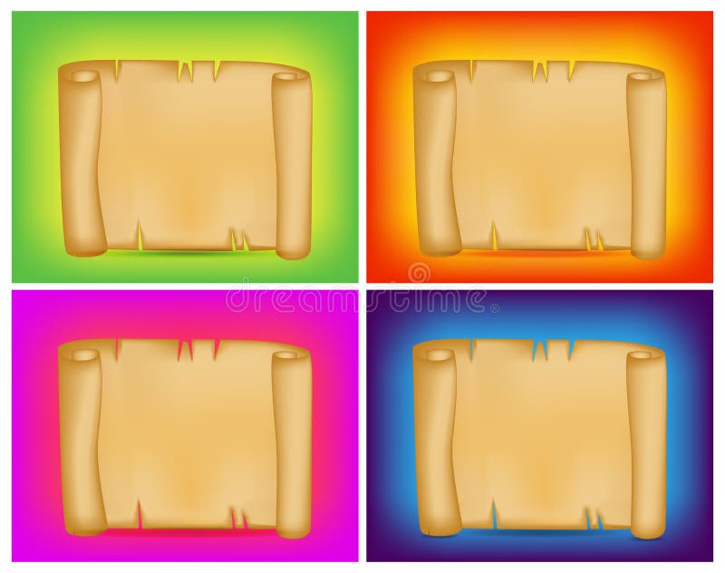 Banner, card set with empty paper scroll on colorful background. Blank vector ancient scroll of parchment wallpaper. Poster or bro stock illustration