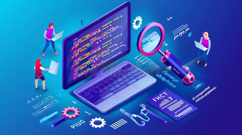 Banner with code testing concept. Concept of search errors and bugs in software, quality control of website or app royalty free stock photos