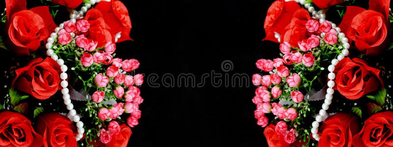 Banner collage with red roses flowers and pearls on a black background
