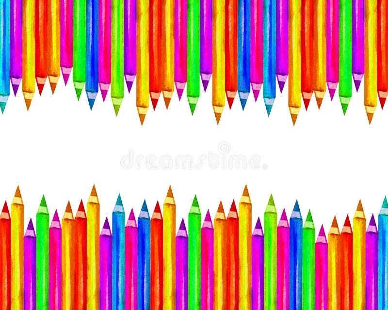 Banner colorful wooden pencils in watercolor isolated on white background, blank frame back to school, art and creativity concept