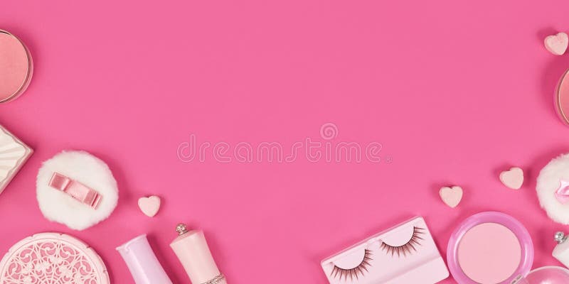 Banner with Cute Pink Makeup Beauty Products Like Brushes, Powder or  Lipstick on Sides of Pink Background with Empty Copy Space in Stock Photo -  Image of border, design: 214429852